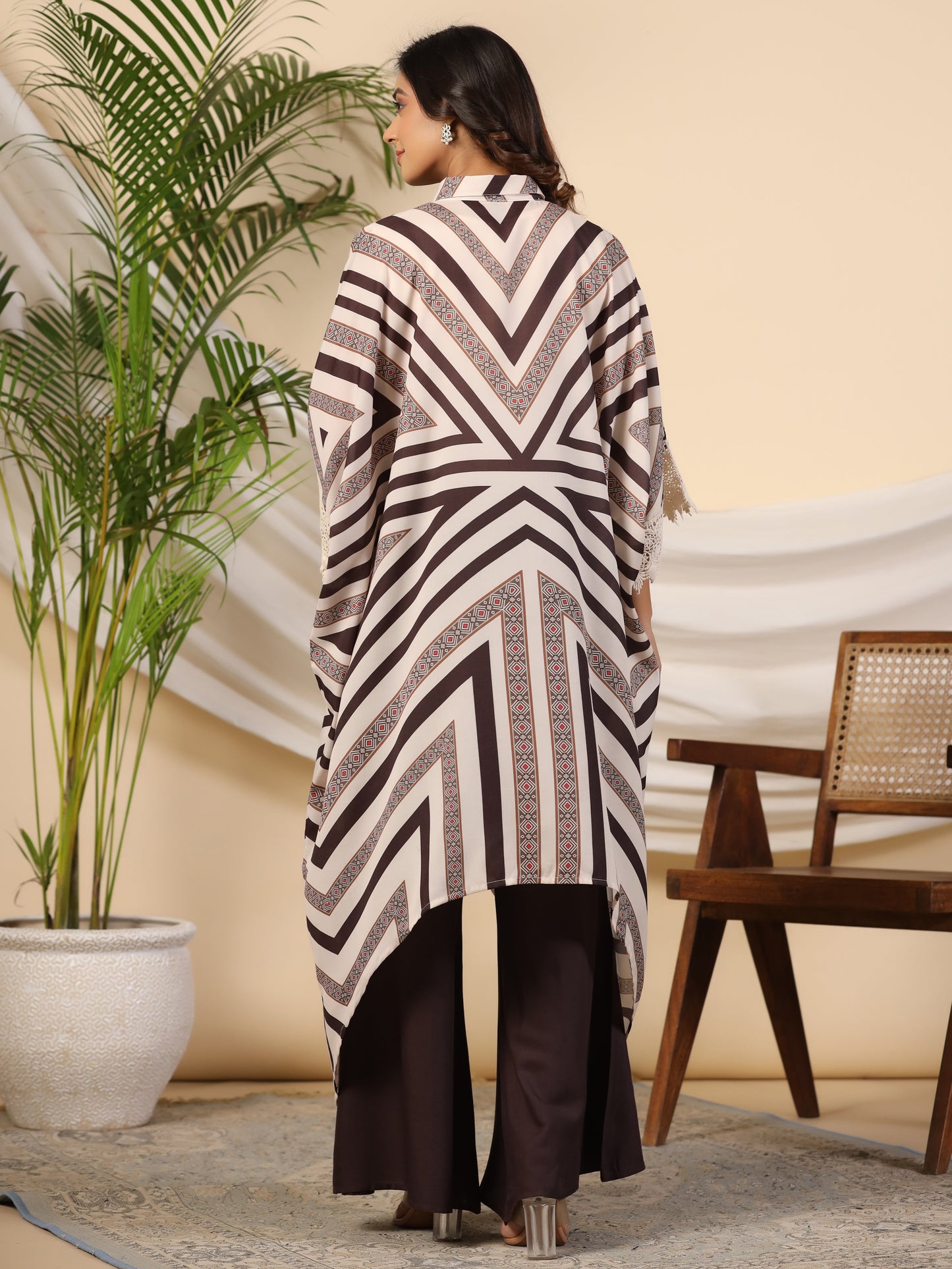 Juniper Brown Stripe Print Cotton Lacy Kaftan & Pants Co-Ord Set & Inner With Contrast Kantha And Bead Work - Swadesiicart