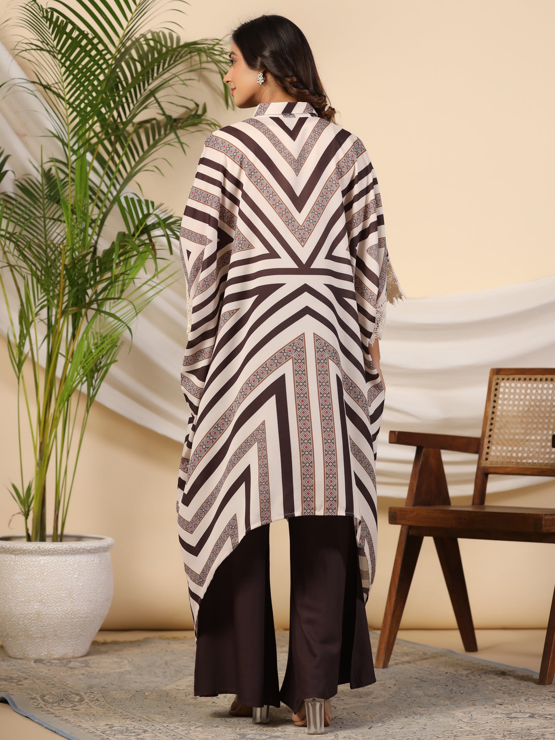 Juniper Brown Stripe Print Cotton Lacy Kaftan & Pants Co-Ord Set & Inner With Contrast Kantha And Bead Work - Swadesiicart