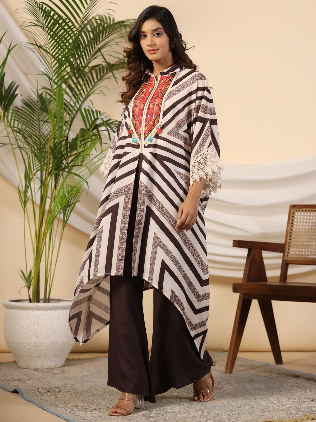 Juniper Brown Stripe Print Cotton Lacy Kaftan & Pants Co-Ord Set & Inner With Contrast Kantha And Bead Work - Swadesiicart