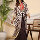 Juniper Brown Stripe Print Cotton Lacy Kaftan & Pants Co-Ord Set & Inner With Contrast Kantha And Bead Work - Swadesiicart
