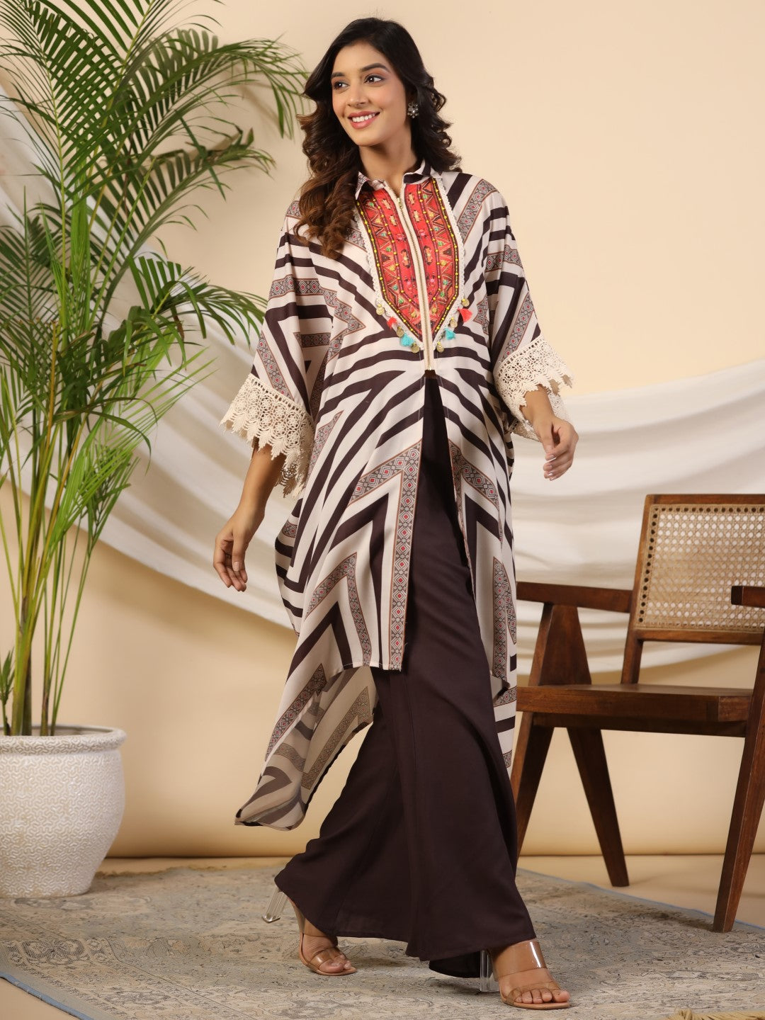 Juniper Brown Stripe Print Cotton Lacy Kaftan & Pants Co-Ord Set & Inner With Contrast Kantha And Bead Work - Swadesiicart