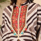 Juniper Brown Stripe Print Cotton Lacy Kaftan & Pants Co-Ord Set & Inner With Contrast Kantha And Bead Work - Swadesiicart