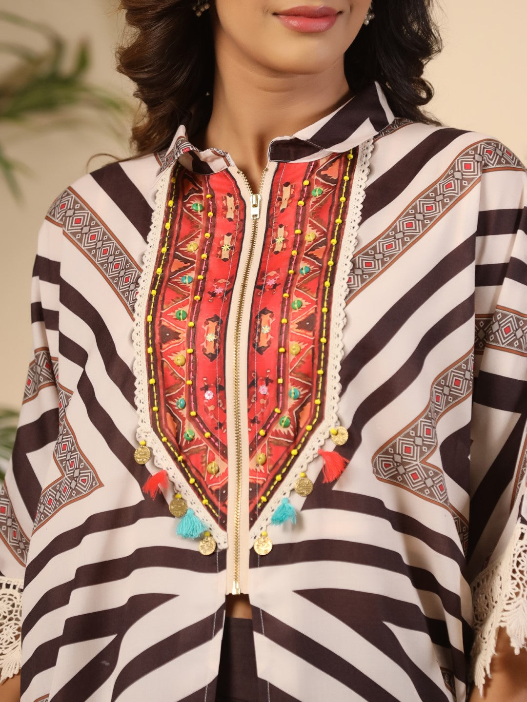 Juniper Brown Stripe Print Cotton Lacy Kaftan & Pants Co-Ord Set & Inner With Contrast Kantha And Bead Work - Swadesiicart