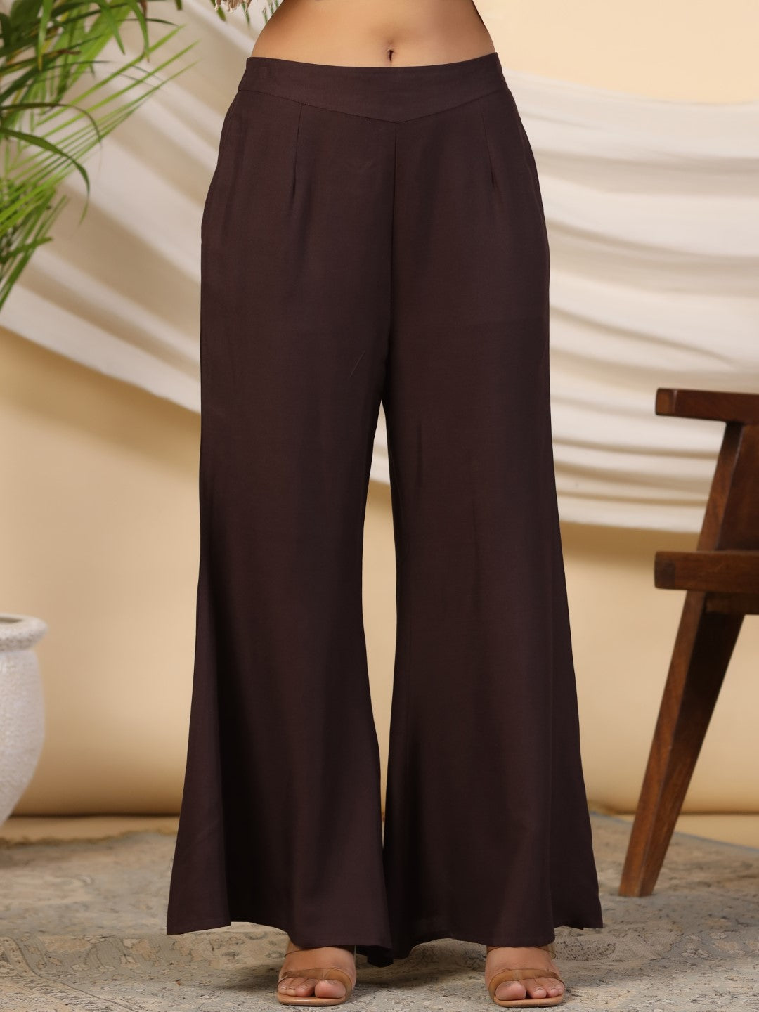 Juniper Brown Stripe Print Cotton Lacy Kaftan & Pants Co-Ord Set & Inner With Contrast Kantha And Bead Work - Swadesiicart