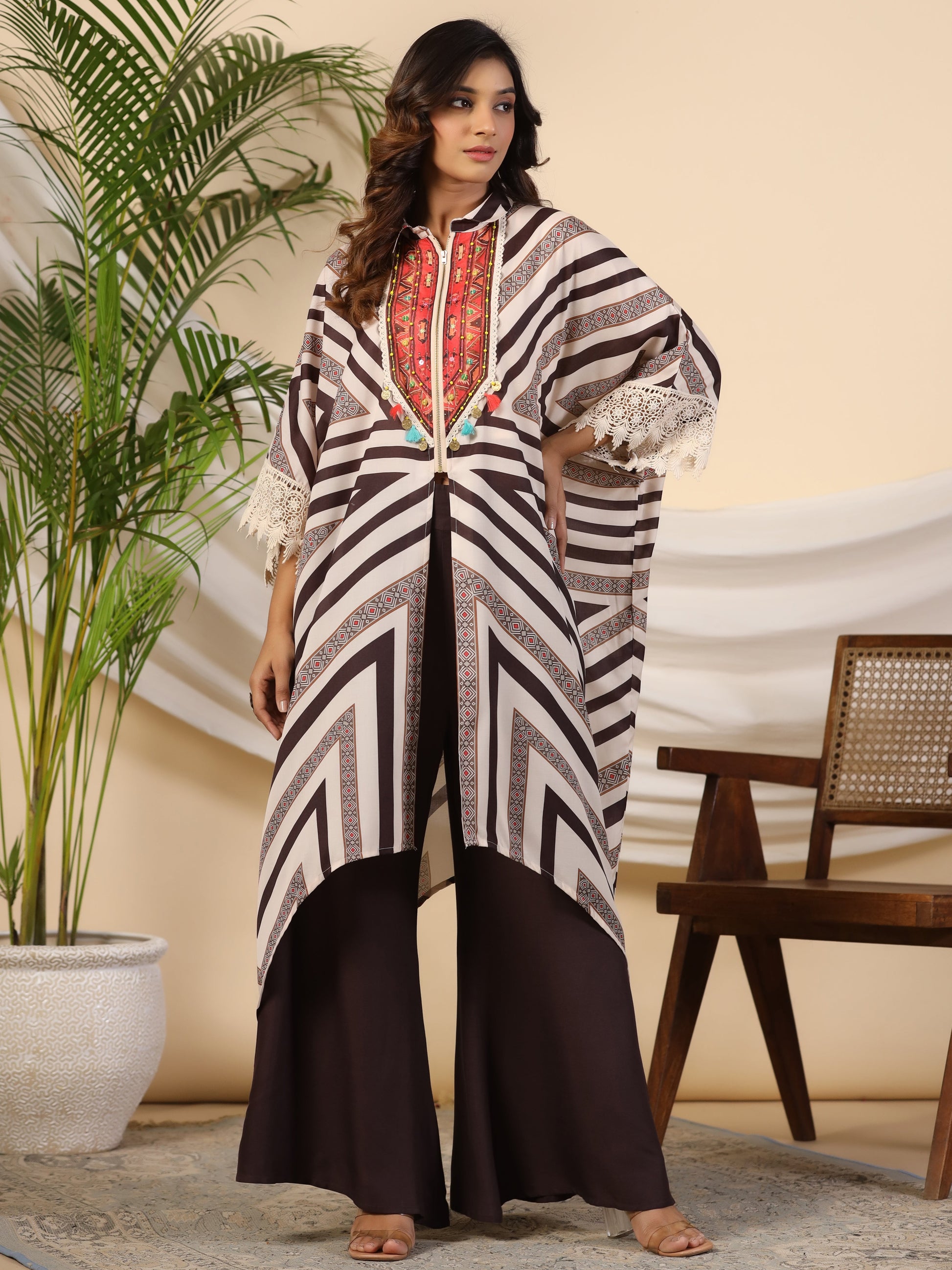 Juniper Brown Stripe Print Cotton Lacy Kaftan & Pants Co-Ord Set & Inner With Contrast Kantha And Bead Work - Swadesiicart