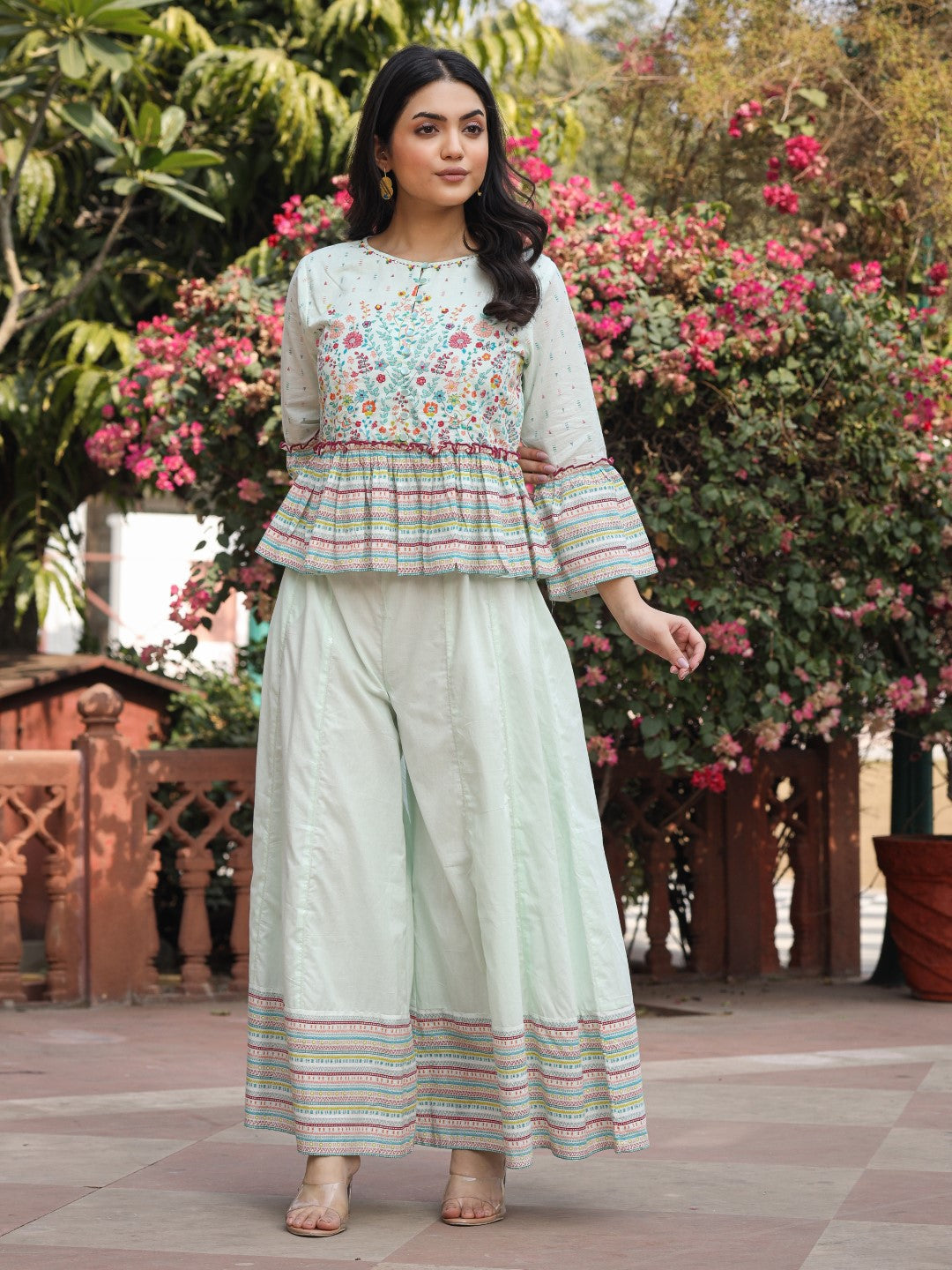 Juniper Women's Mint Floral Printed Peplum Co-Ord Set With Kantha Work & Beads - Swadesiicart