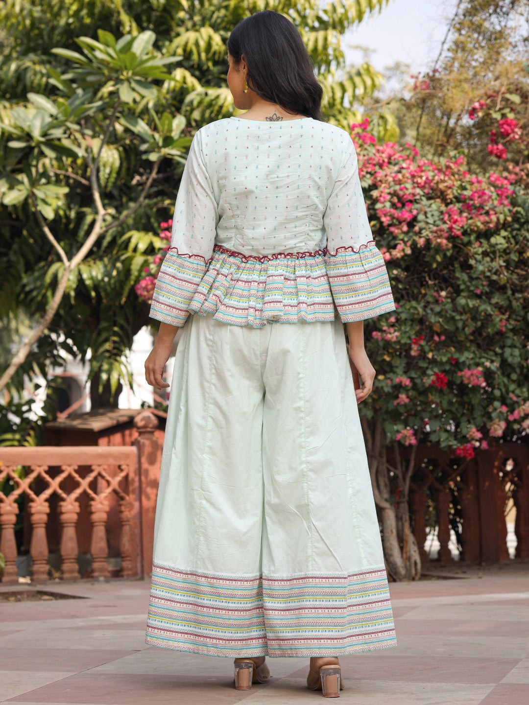 Juniper Women's Mint Floral Printed Peplum Co-Ord Set With Kantha Work & Beads - Swadesiicart