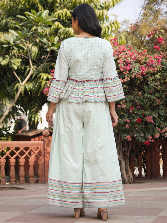 Juniper Women's Mint Floral Printed Peplum Co-Ord Set With Kantha Work & Beads - Swadesiicart
