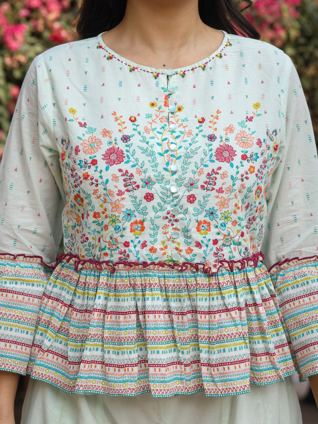 Juniper Women's Mint Floral Printed Peplum Co-Ord Set With Kantha Work & Beads - Swadesiicart