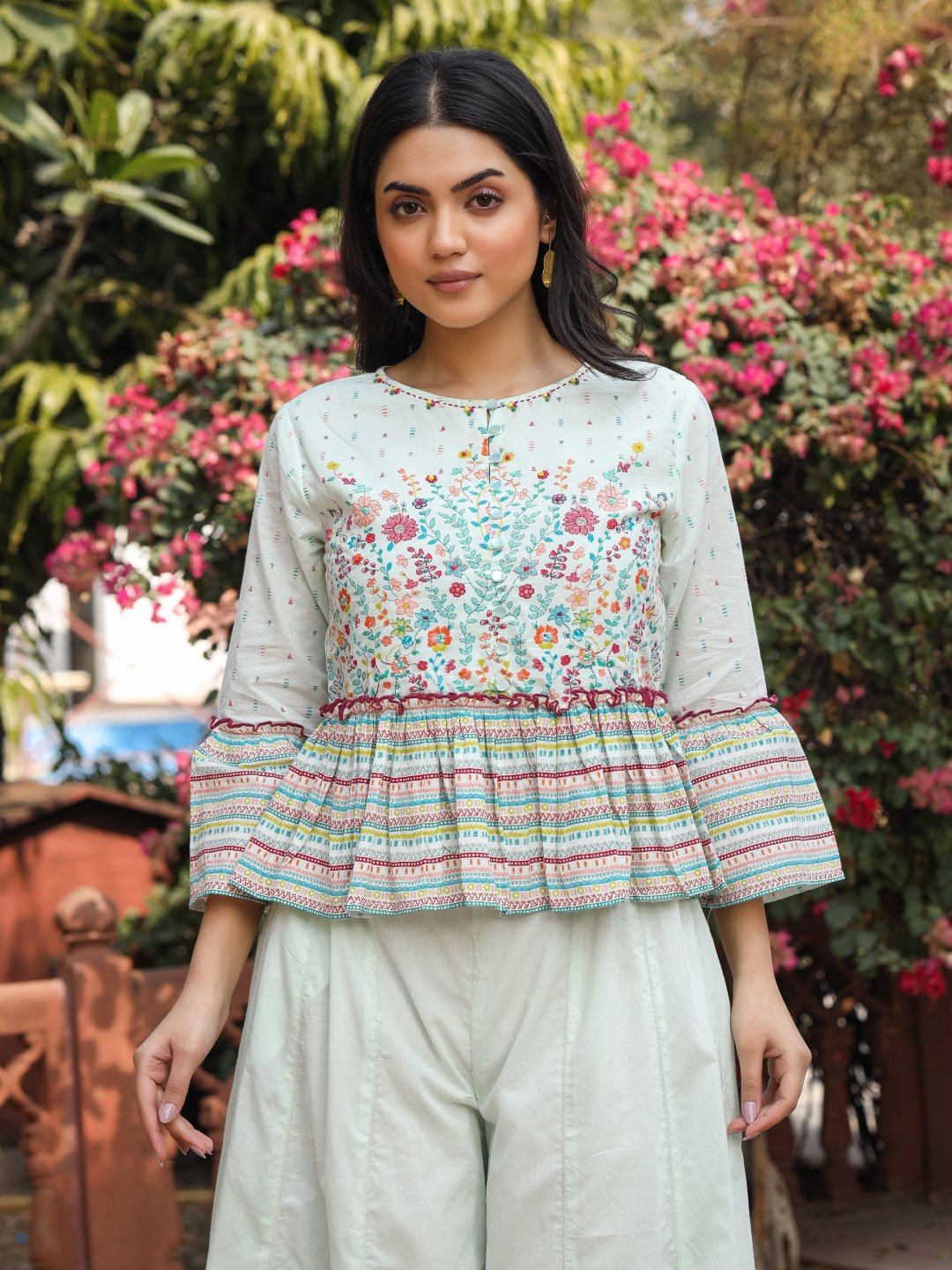 Juniper Women's Mint Floral Printed Peplum Co-Ord Set With Kantha Work & Beads - Swadesiicart