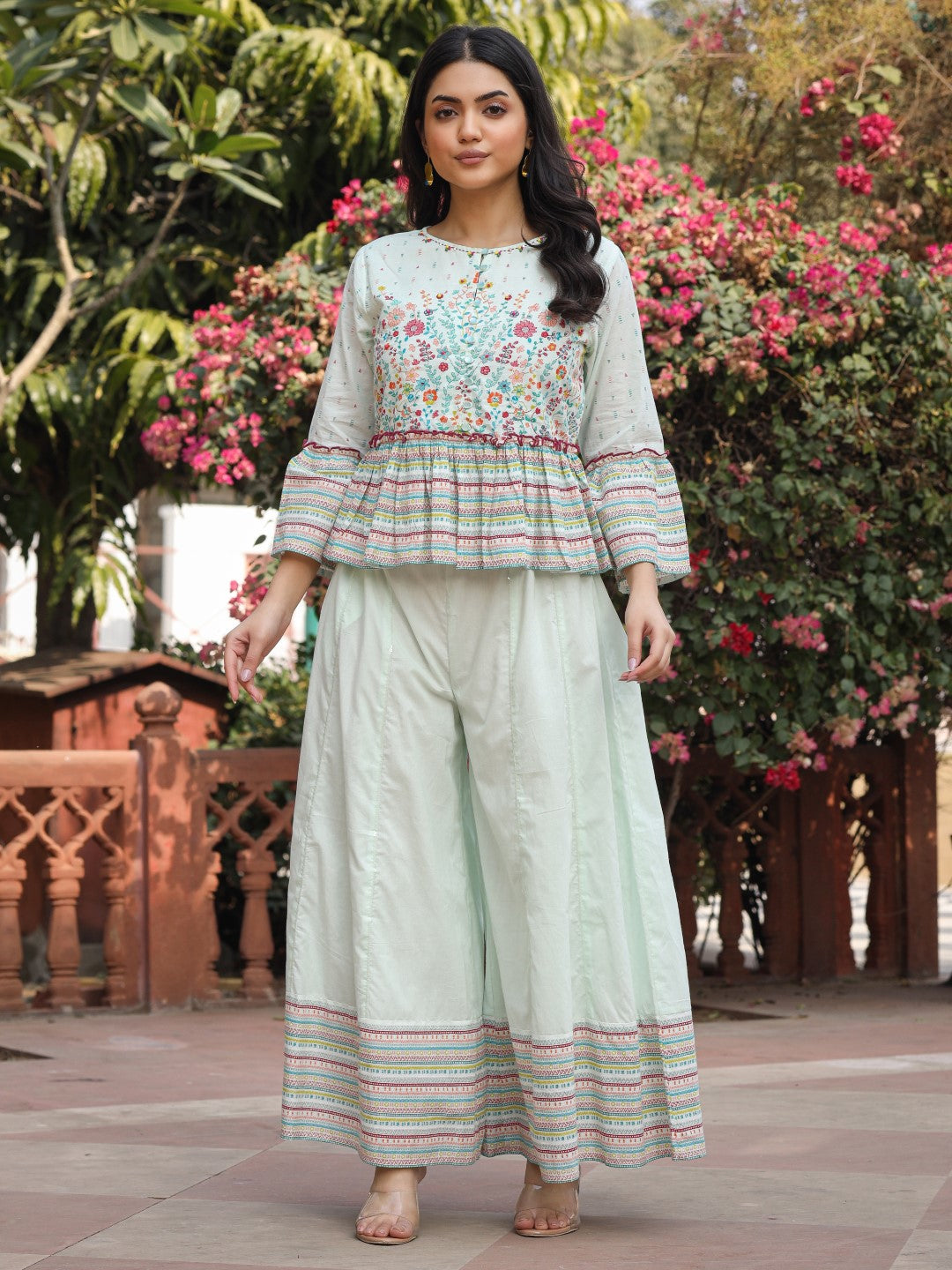 Juniper Women's Mint Floral Printed Peplum Co-Ord Set With Kantha Work & Beads - Swadesiicart