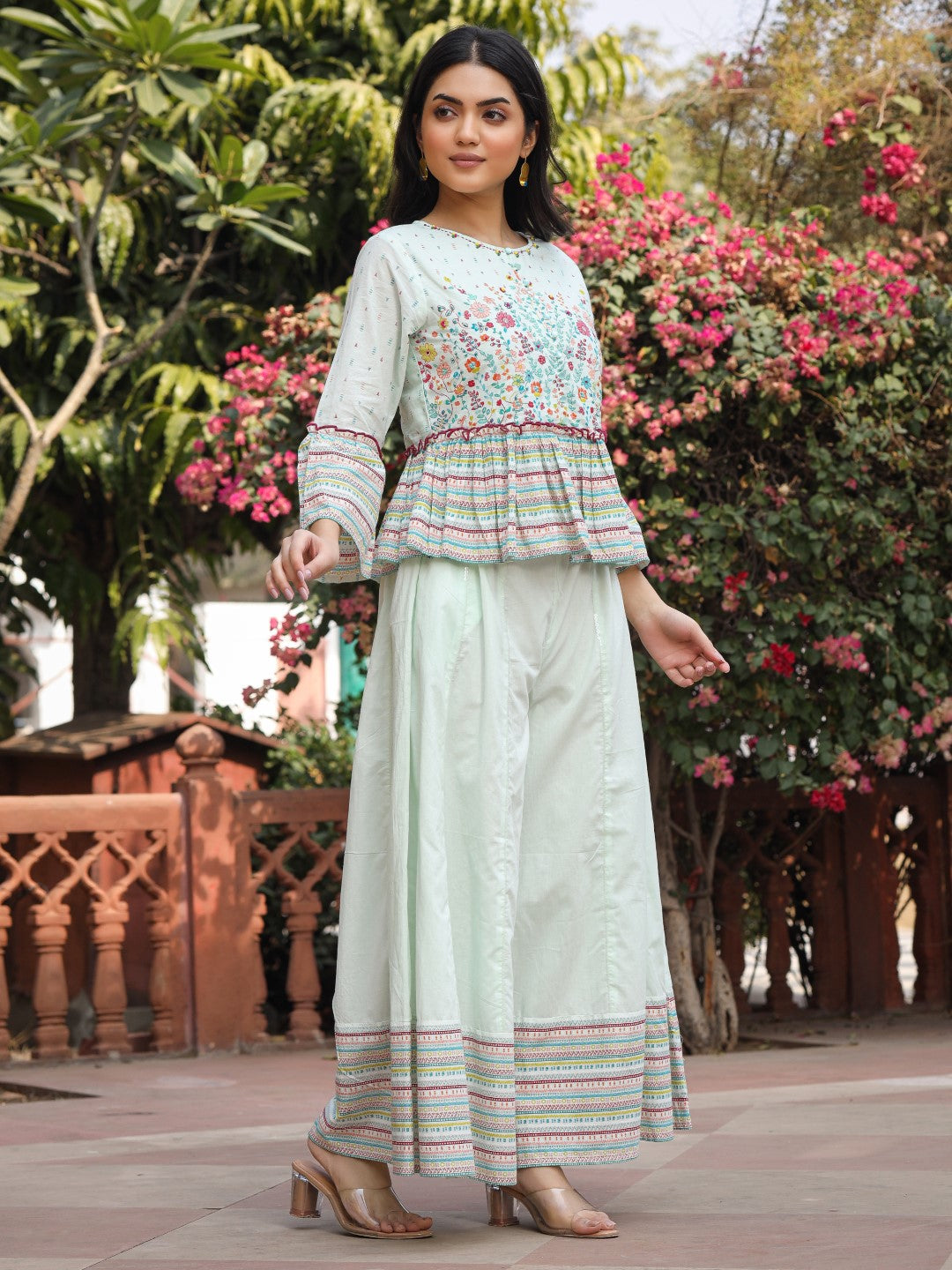 Juniper Women's Mint Floral Printed Peplum Co-Ord Set With Kantha Work & Beads - Swadesiicart