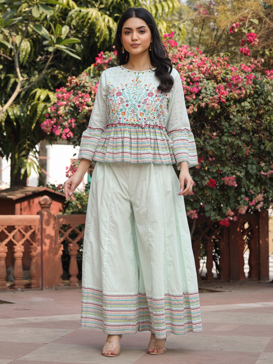 Juniper Women's Mint Floral Printed Peplum Co-Ord Set With Kantha Work & Beads - Swadesiicart