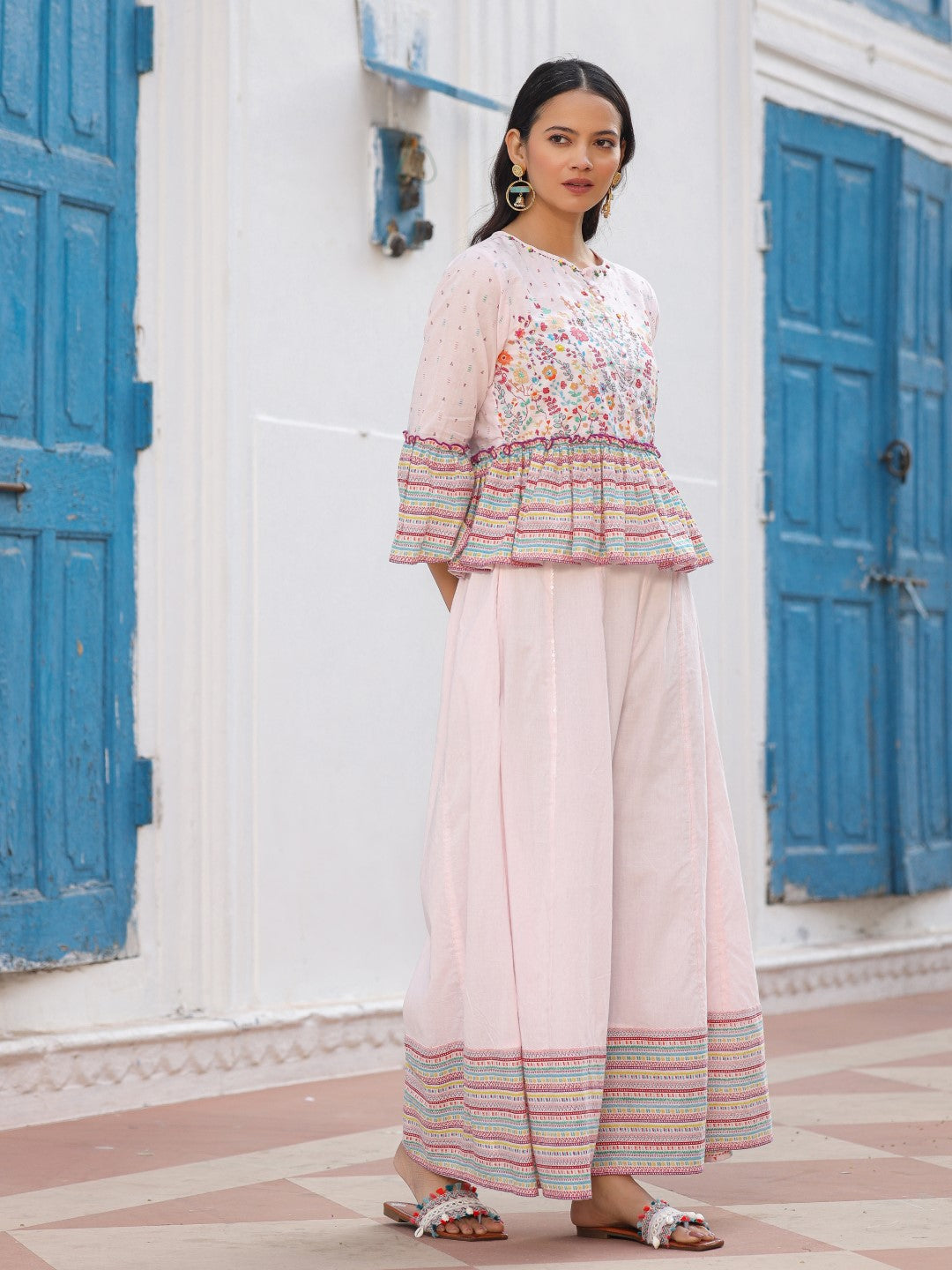 Juniper Pink Floral Printed Peplum Co-Ord Set With Kantha Work & Beads - Swadesiicart