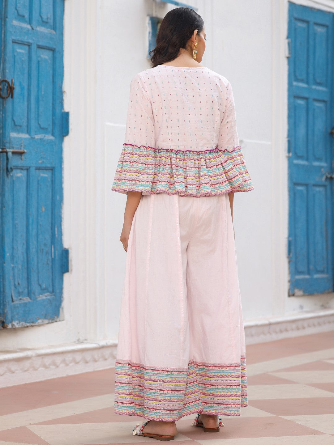 Juniper Pink Floral Printed Peplum Co-Ord Set With Kantha Work & Beads - Swadesiicart