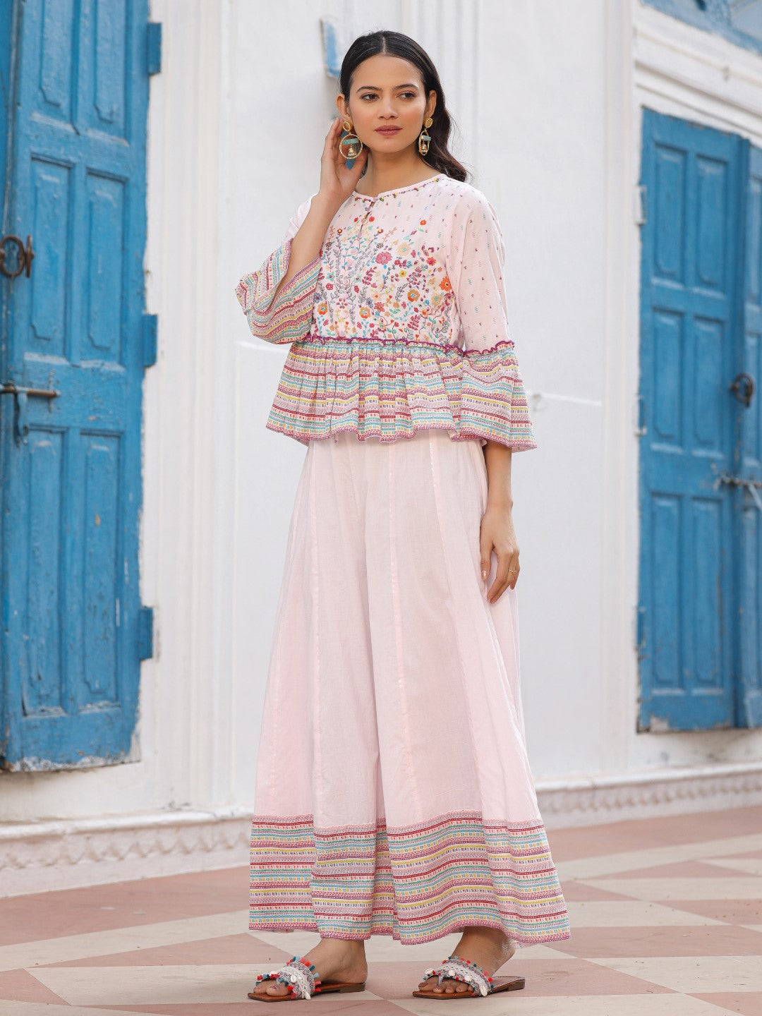 Juniper Pink Floral Printed Peplum Co-Ord Set With Kantha Work & Beads - Swadesiicart