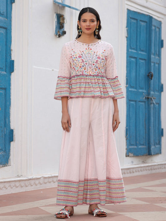 Juniper Pink Floral Printed Peplum Co-Ord Set With Kantha Work & Beads - Swadesiicart