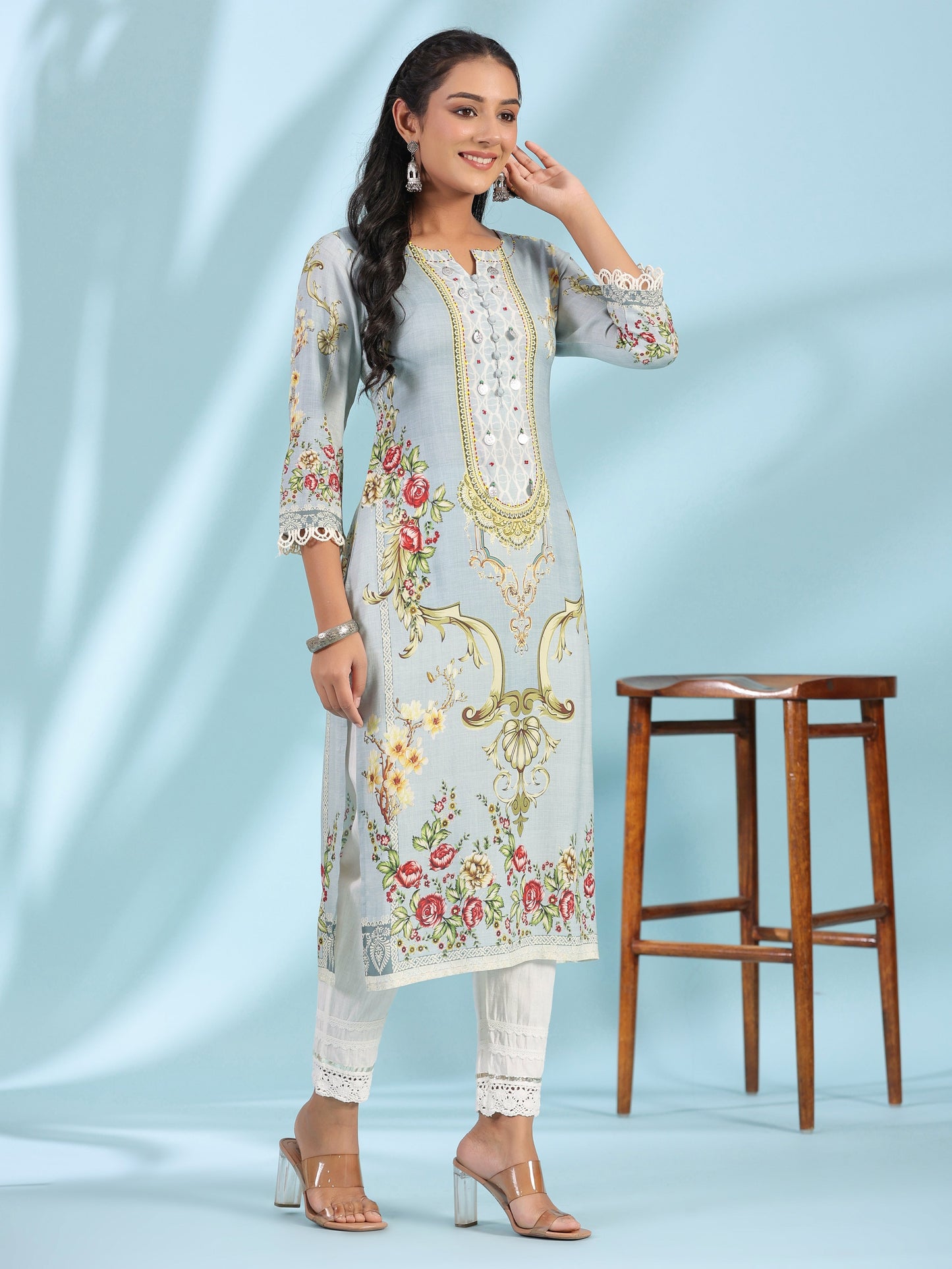 Juniper Grey Rayon Floral Printed Round Neck Kurta With Beadwork - Swadesiicart