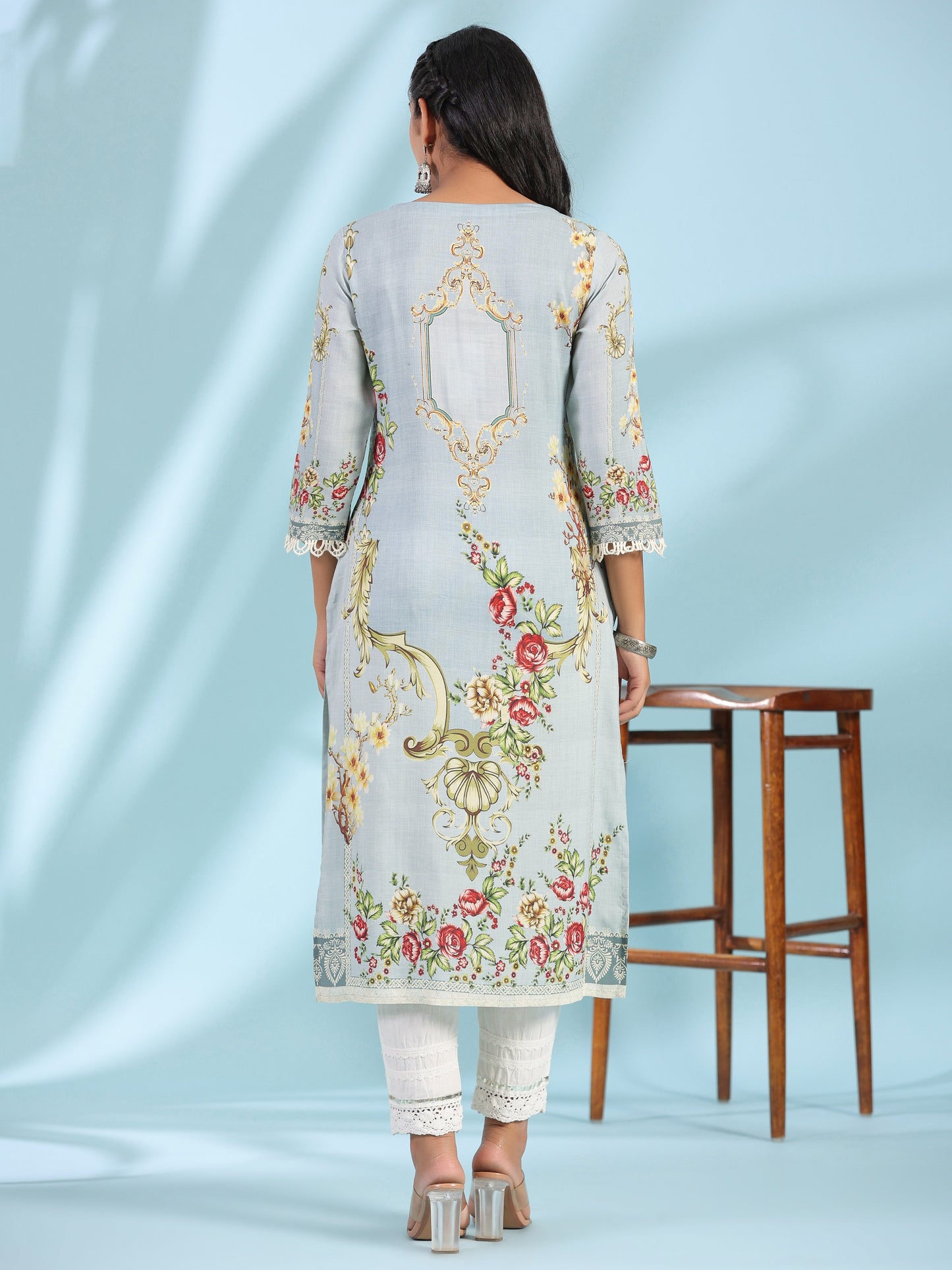 Juniper Grey Rayon Floral Printed Round Neck Kurta With Beadwork - Swadesiicart