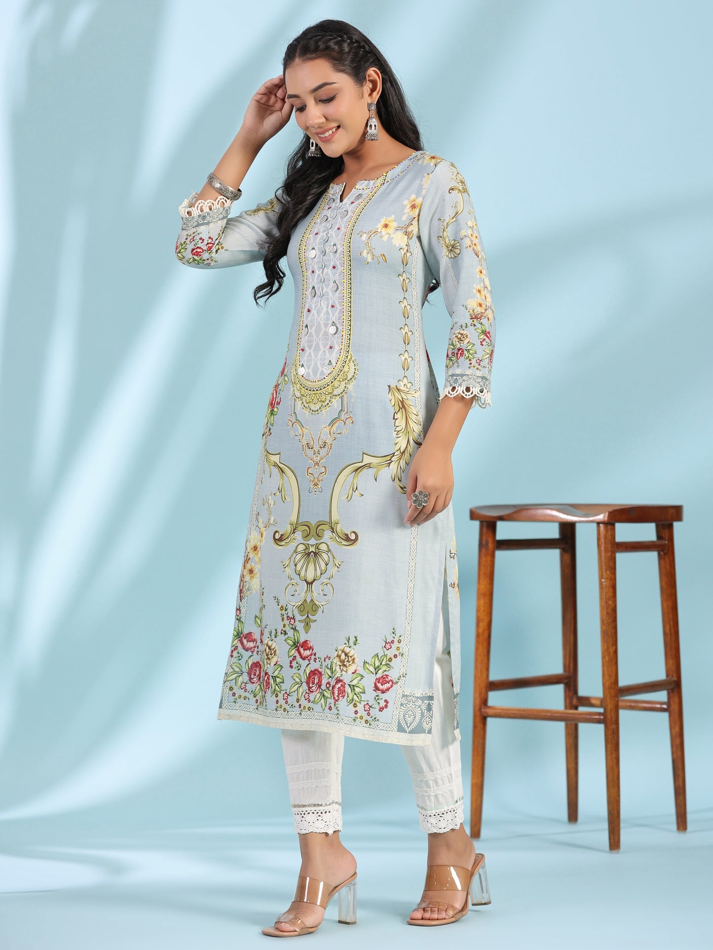 Juniper Grey Rayon Floral Printed Round Neck Kurta With Beadwork - Swadesiicart
