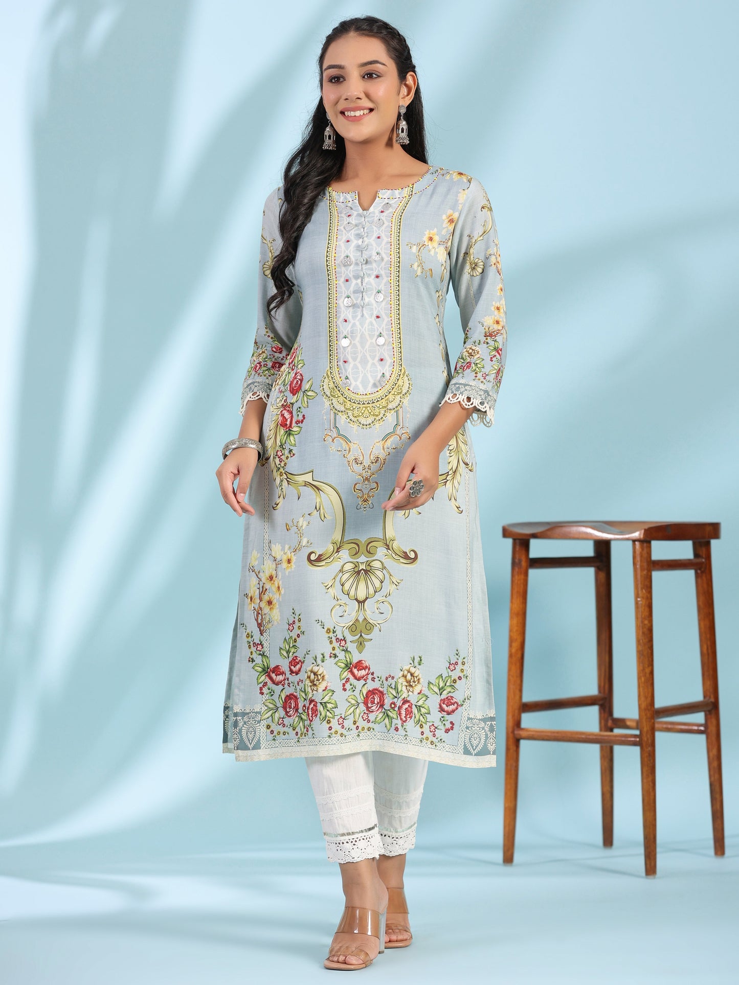 Juniper Grey Rayon Floral Printed Round Neck Kurta With Beadwork - Swadesiicart