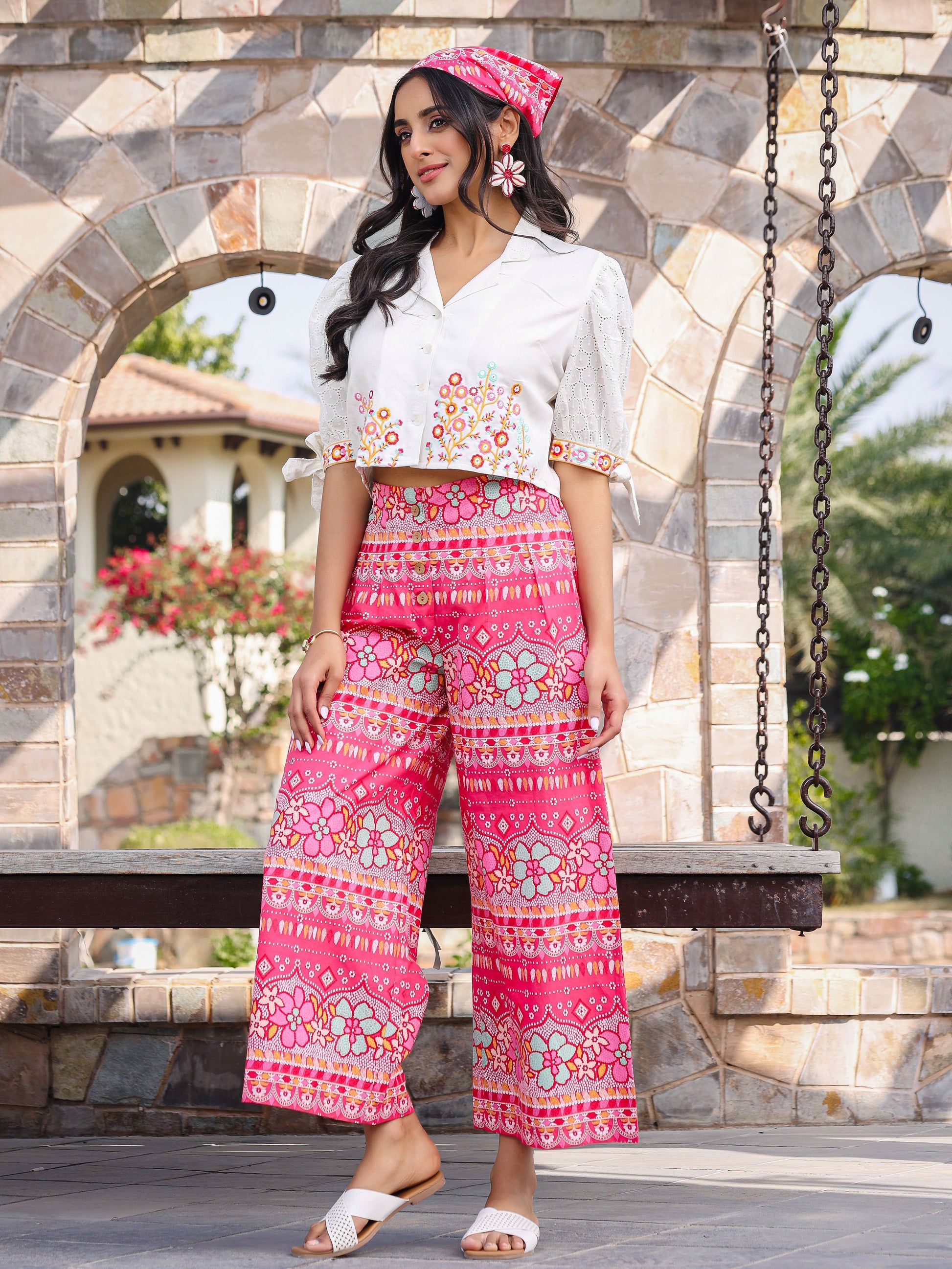 Juniper Women's Pink Printed Rayon & Cotton Schiffli Crop Top & Pants With Thread Work Embroidery - Swadesiicart