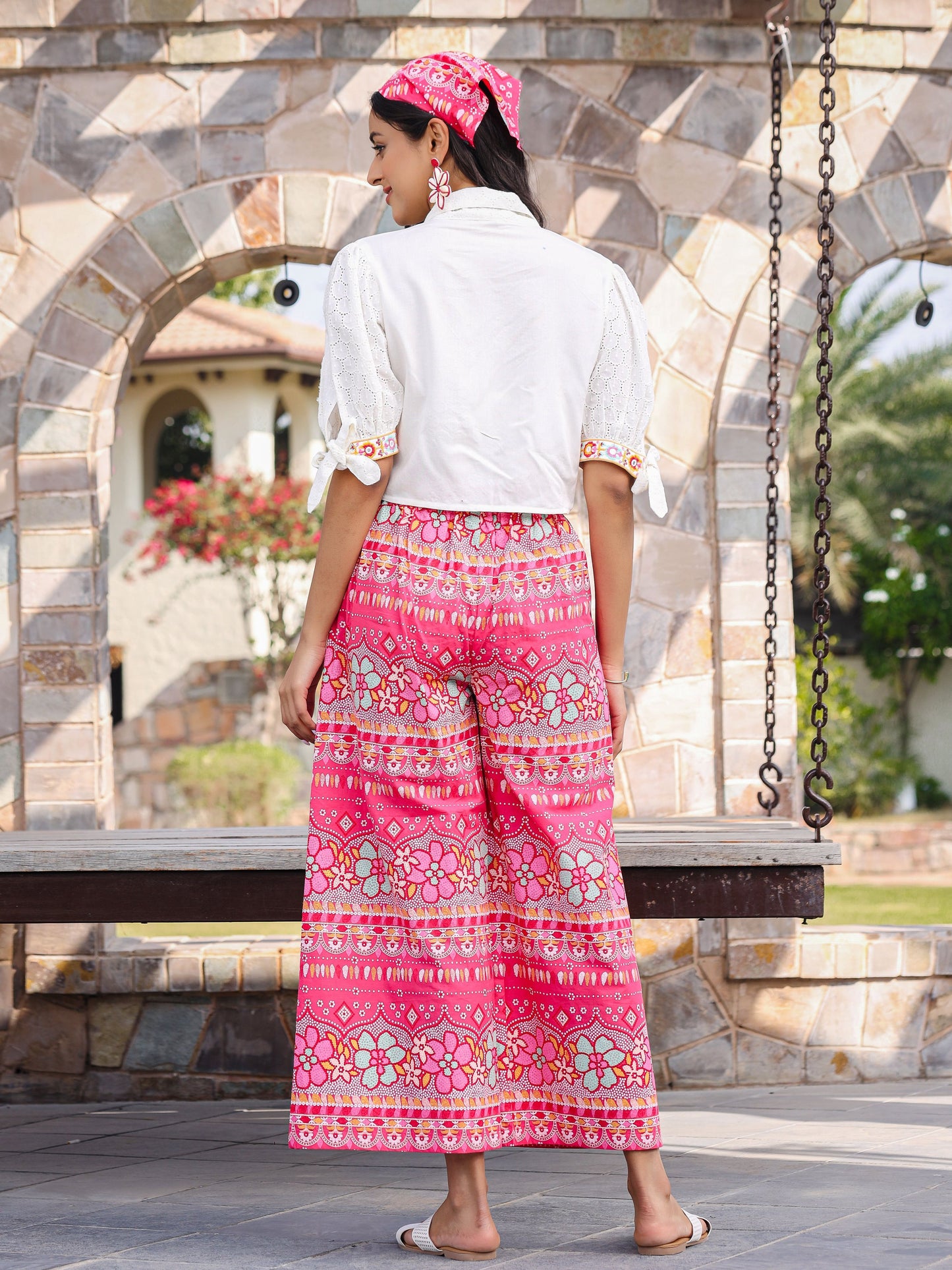 Juniper Women's Pink Printed Rayon & Cotton Schiffli Crop Top & Pants With Thread Work Embroidery - Swadesiicart