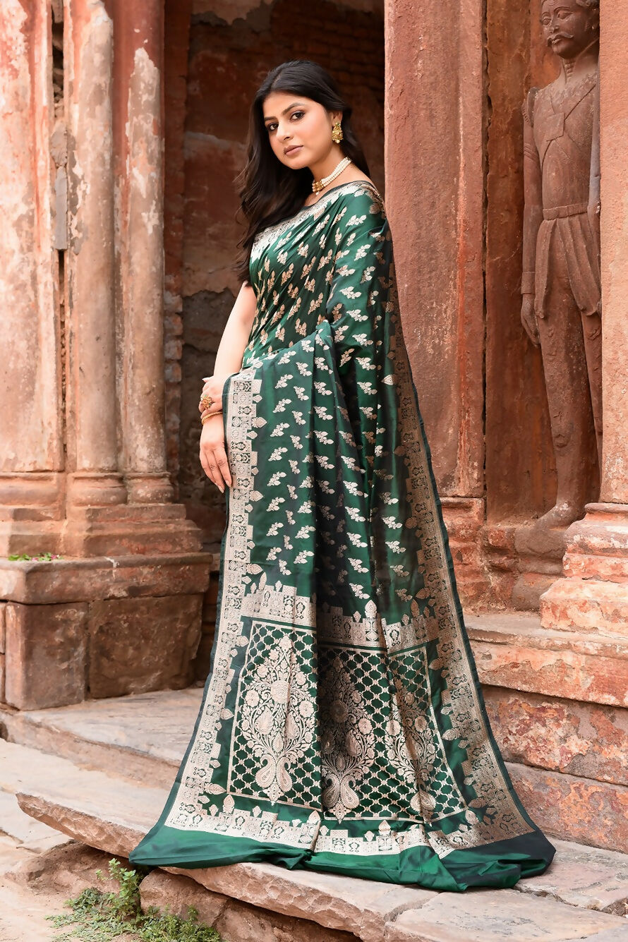Joban Fashion Emerald Green Banarasi Katan Pure Handloom Banarasi Silk Saree | Swadesiicart