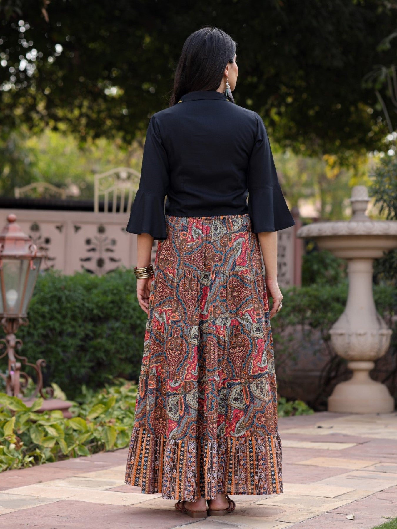 Juniper Women's Solid Liva Rayon Black Shirt With Multi Color Skirt Co-Ord Set - Swadesiicart