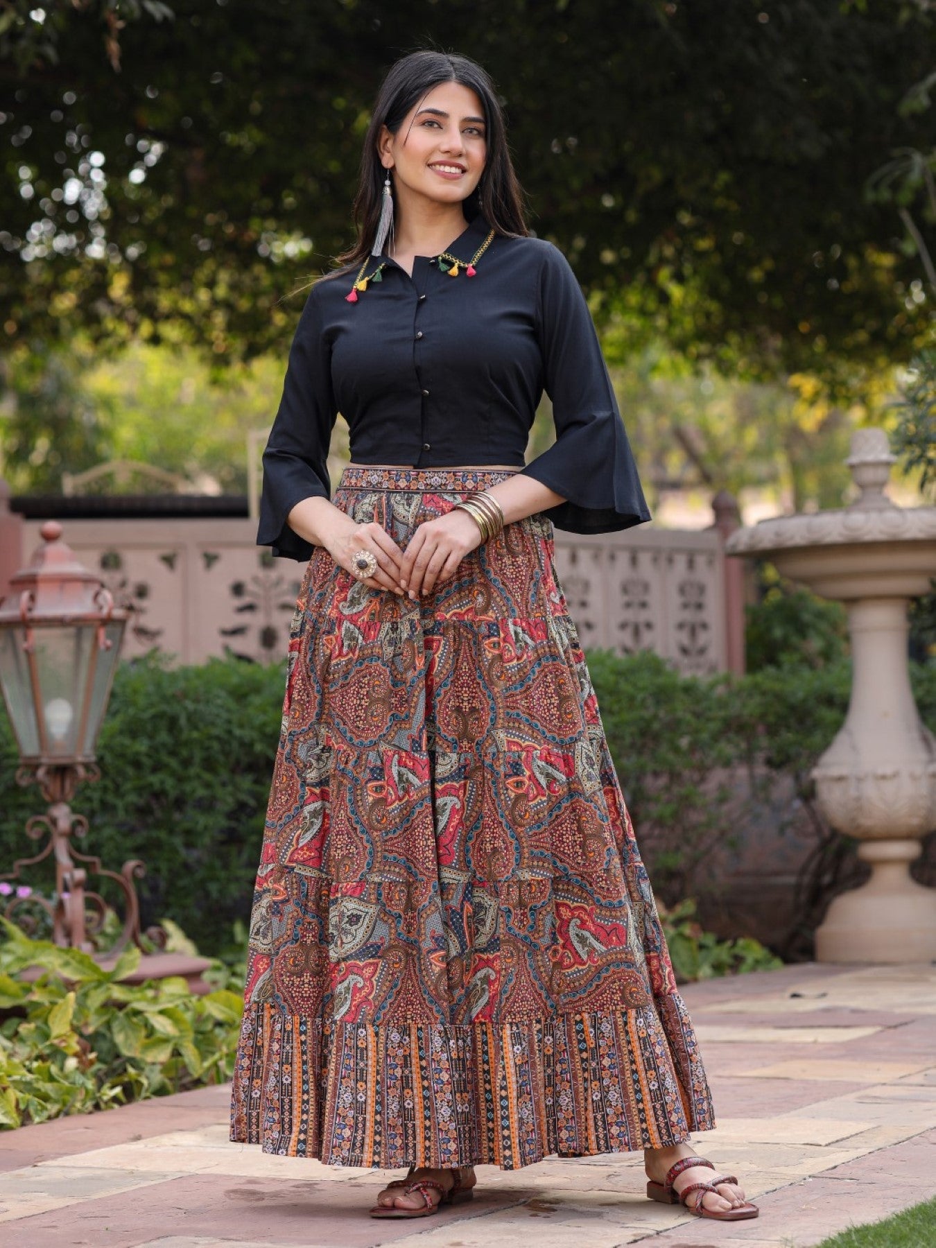 Juniper Women's Solid Liva Rayon Black Shirt With Multi Color Skirt Co-Ord Set - Swadesiicart