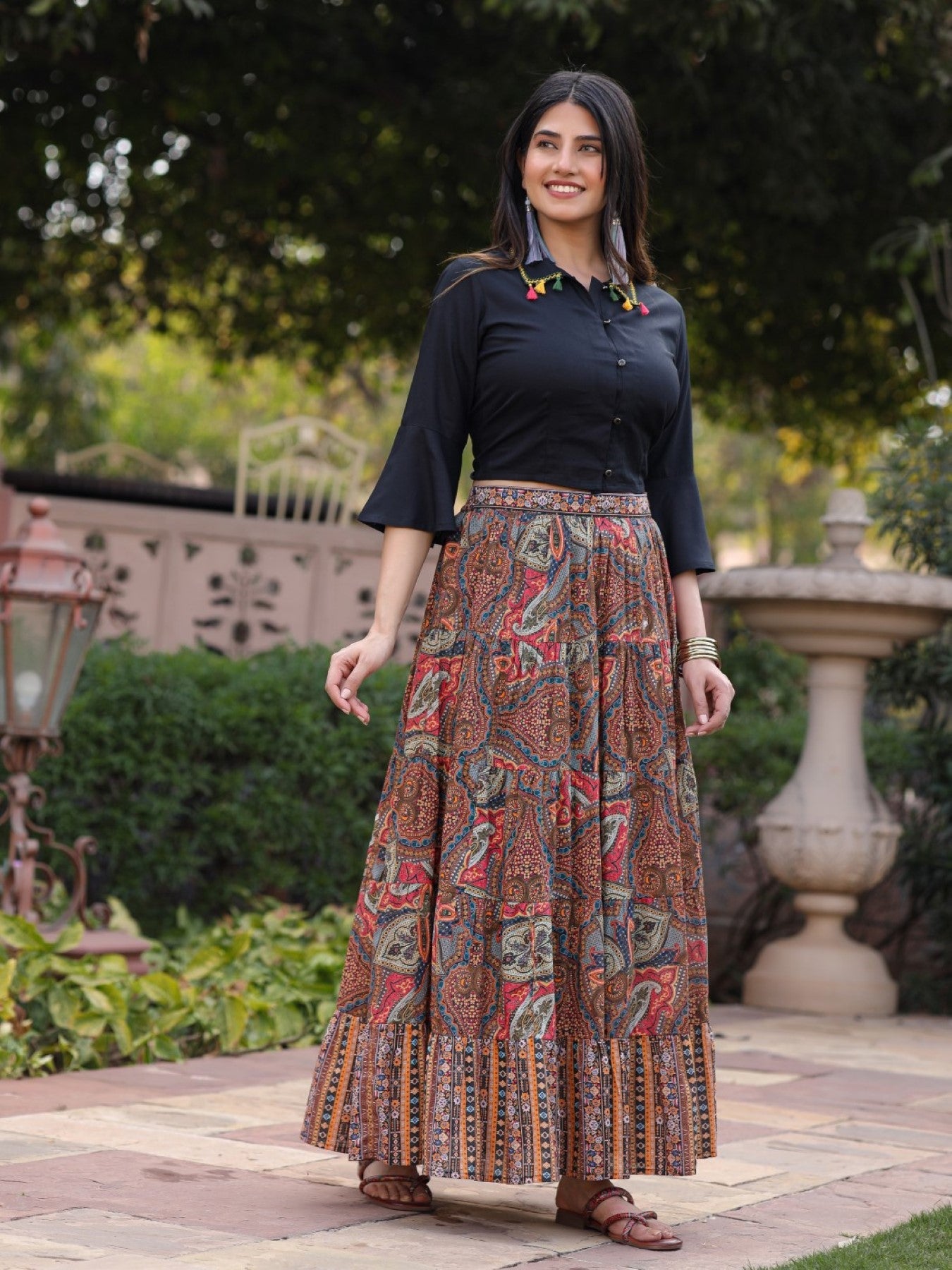 Juniper Women's Solid Liva Rayon Black Shirt With Multi Color Skirt Co-Ord Set - Swadesiicart