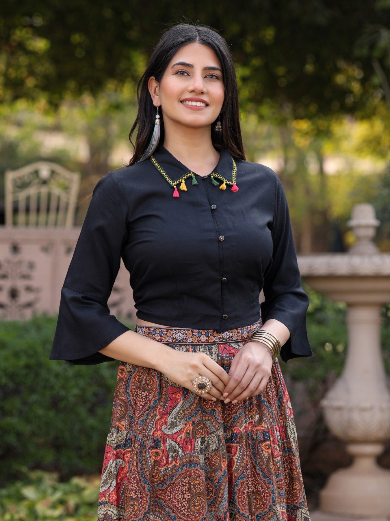 Juniper Women's Solid Liva Rayon Black Shirt With Multi Color Skirt Co-Ord Set - Swadesiicart
