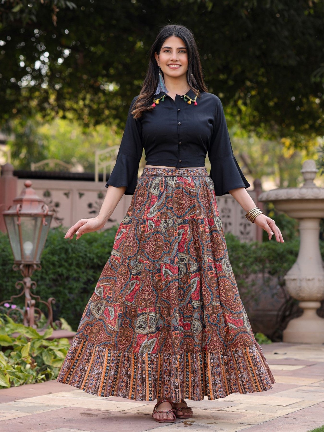 Juniper Women's Solid Liva Rayon Black Shirt With Multi Color Skirt Co-Ord Set - Swadesiicart