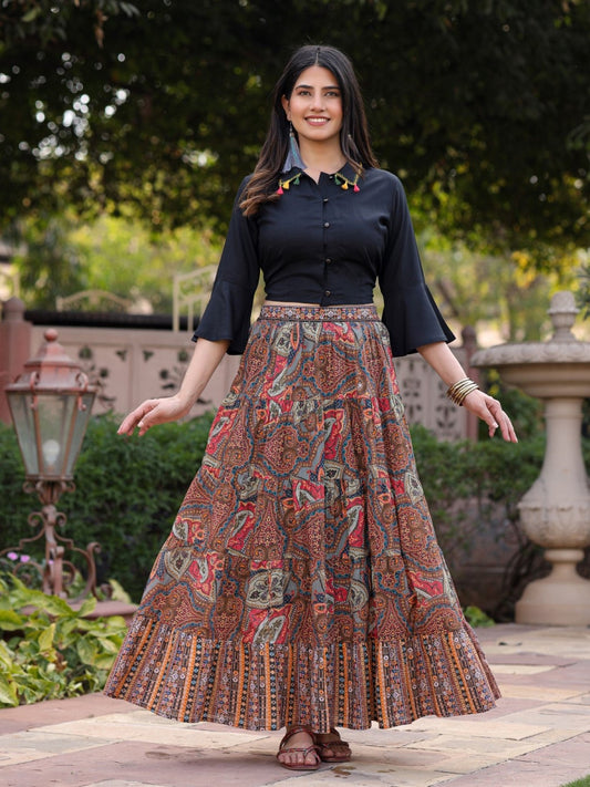 Juniper Women's Solid Liva Rayon Black Shirt With Multi Color Skirt Co-Ord Set - Swadesiicart