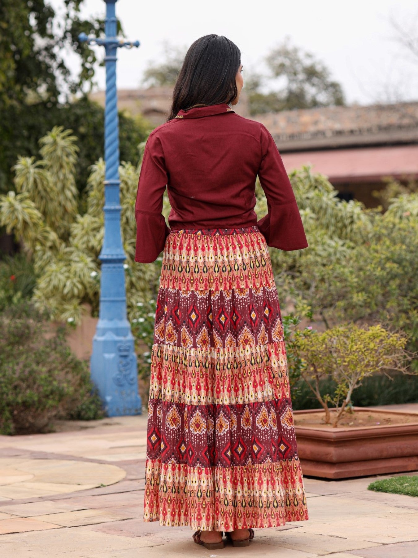 Juniper Women's Solid Liva Rayon Rust Shirt With Multi Color Skirt Co-Ord Set - Swadesiicart