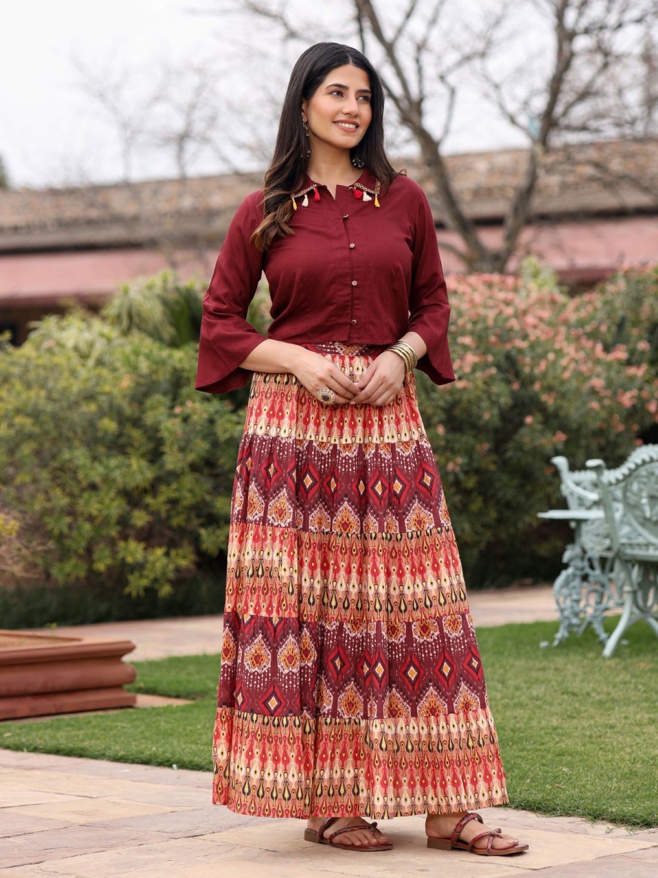 Juniper Women's Solid Liva Rayon Rust Shirt With Multi Color Skirt Co-Ord Set - Swadesiicart