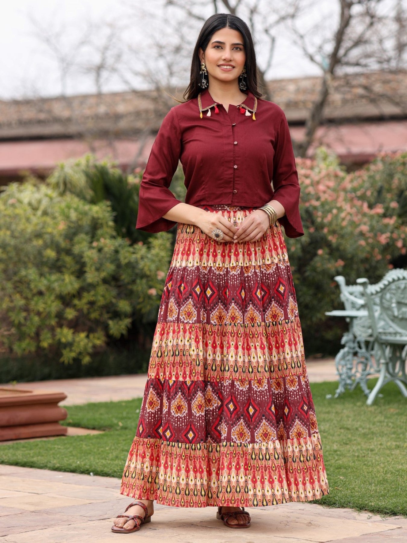 Juniper Women's Solid Liva Rayon Rust Shirt With Multi Color Skirt Co-Ord Set - Swadesiicart