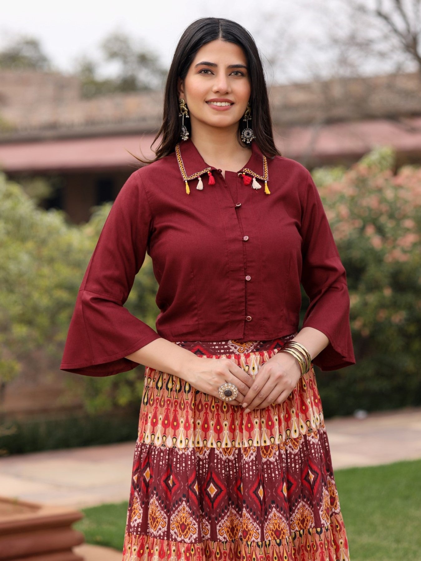 Juniper Women's Solid Liva Rayon Rust Shirt With Multi Color Skirt Co-Ord Set - Swadesiicart
