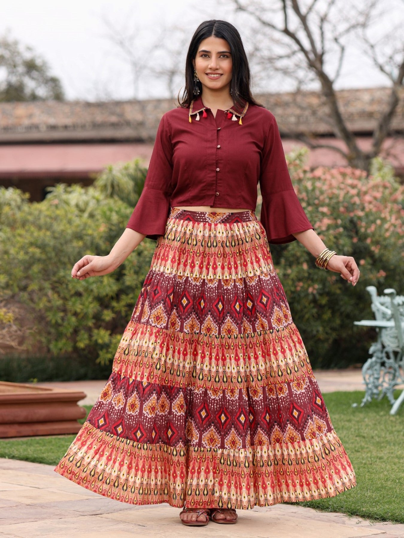 Juniper Women's Solid Liva Rayon Rust Shirt With Multi Color Skirt Co-Ord Set - Swadesiicart