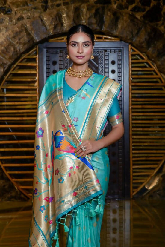 Vishnu Weaves Women's Sea Green Paithani Silk Zari Woven Saree with Unstitched Blouse - Swadesiicart
