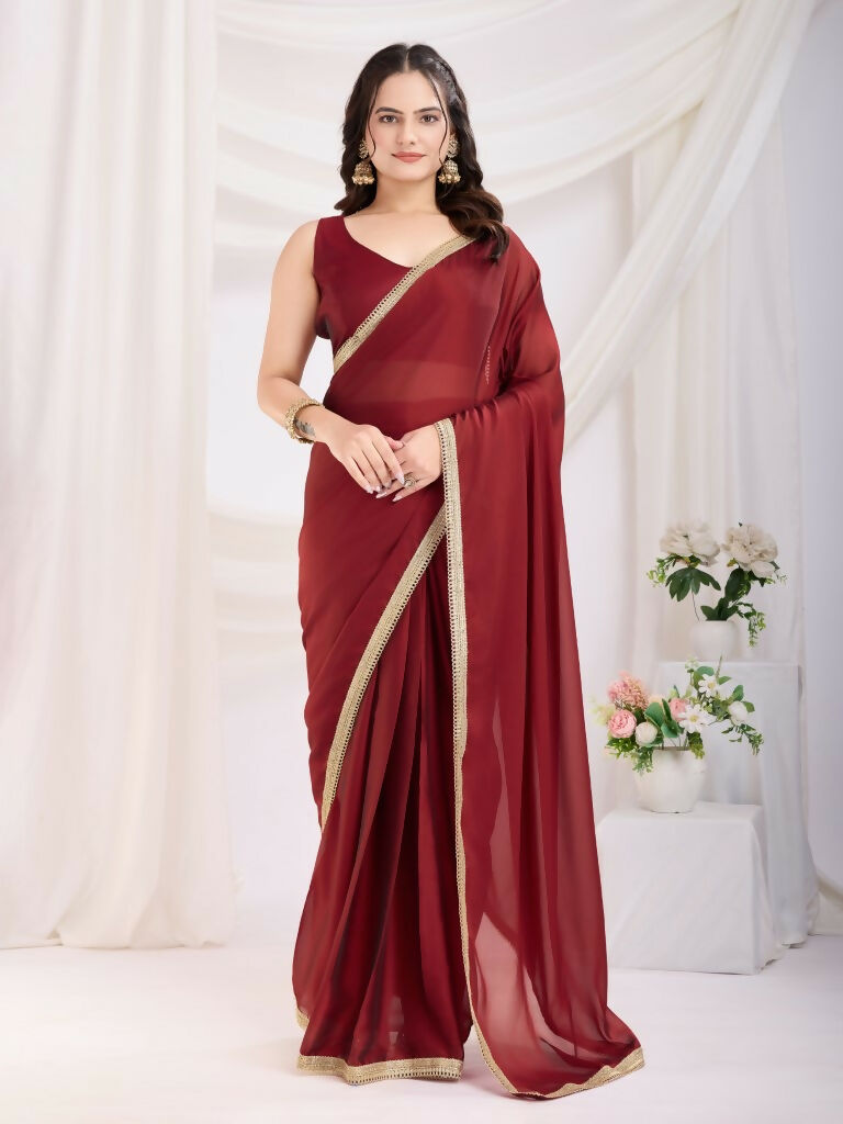 Maroon Rangoli Silk Solid, Lace Border Ready To Wear Saree - Kashvi | Swadesiicart