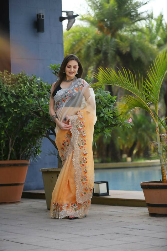 Vamsee Sanyogita Sanyogita - Yellow Organza Saree - Swadesiicart
