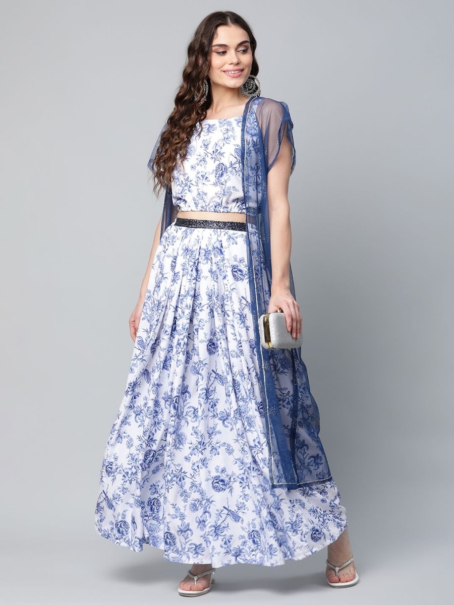 Ahalyaa Women Blue Crepe Printed Top with Skirt with Net Overlay | Swadesiicart