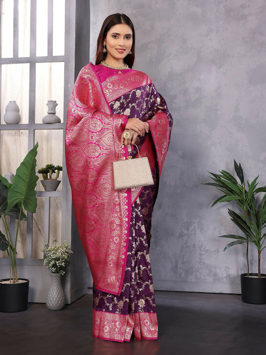 Joban Fashion Banarasi Wine Woven Soft Silk Saree | Swadesiicart