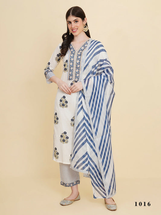Designer Stylish white Cotton Stitched Suit With Dupatta - Tanisha | Swadesiicart