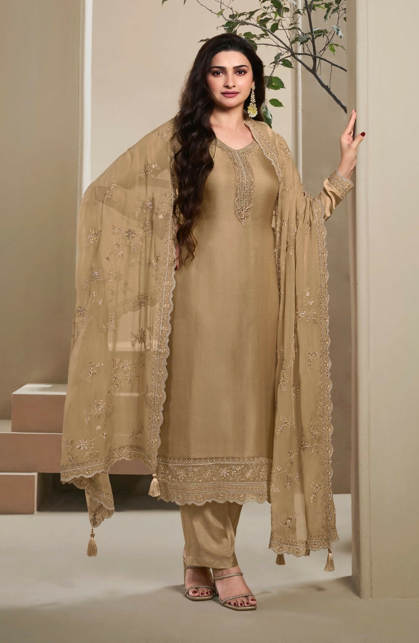 Anaita Brown Heavy Natural Crepe Stitched Suit with Embroidery & Zarkhan Work