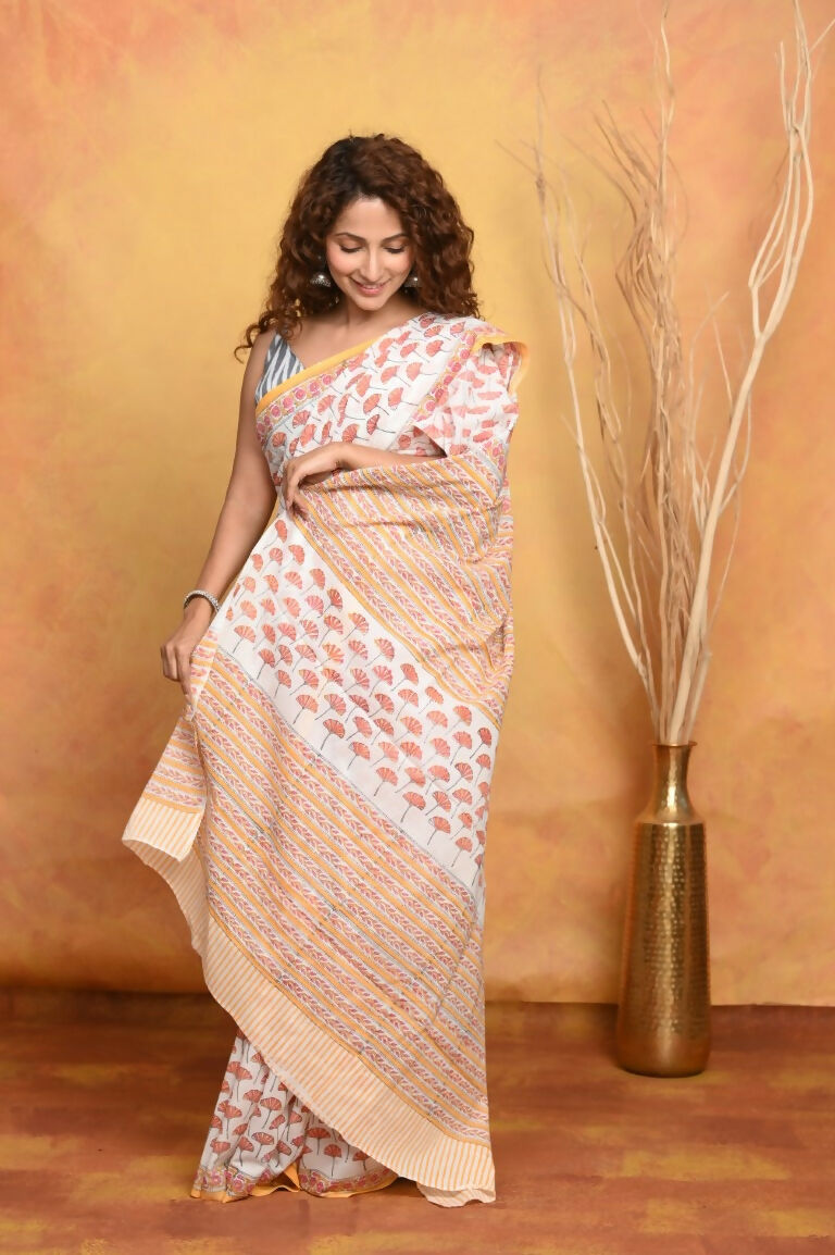 Very Much Indian Handblock Printed Cotton Saree With Natural Dyes - White Peach | Swadesiicart