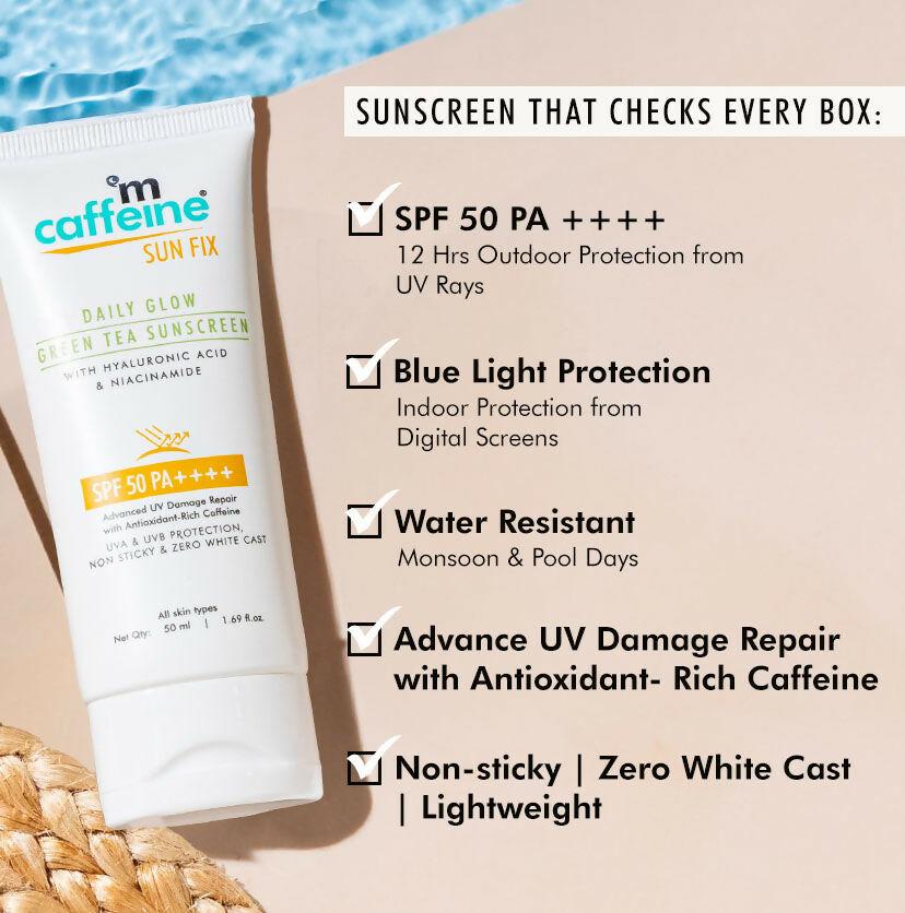 mCaffeine Sun Fix Daily Glow Green Tea Sunscreen SPF 50 PA++++ with Niacinamide, Lightweight & No White Cast - Swadesiicart