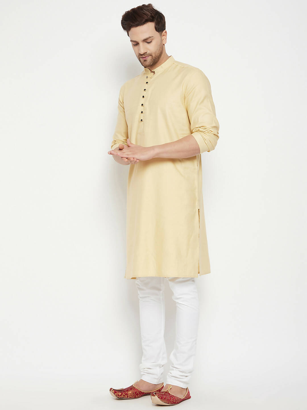 Even Apparels Beige Pure Cotton Long Men's Kurta With Band Collar | Swadesiicart