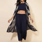 Janasya Women's Dark Blue Crepe Foil Printed Festive Crop Top Set | Swadesiicart